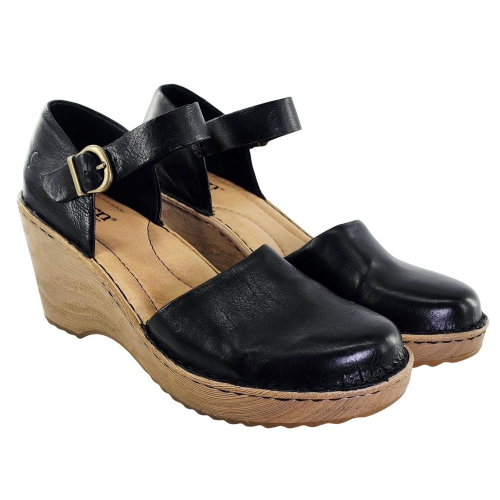 Born Black Leather Wedge Mary Jane Sandals Women 9M BR0040103 Ankle Strap Shoes